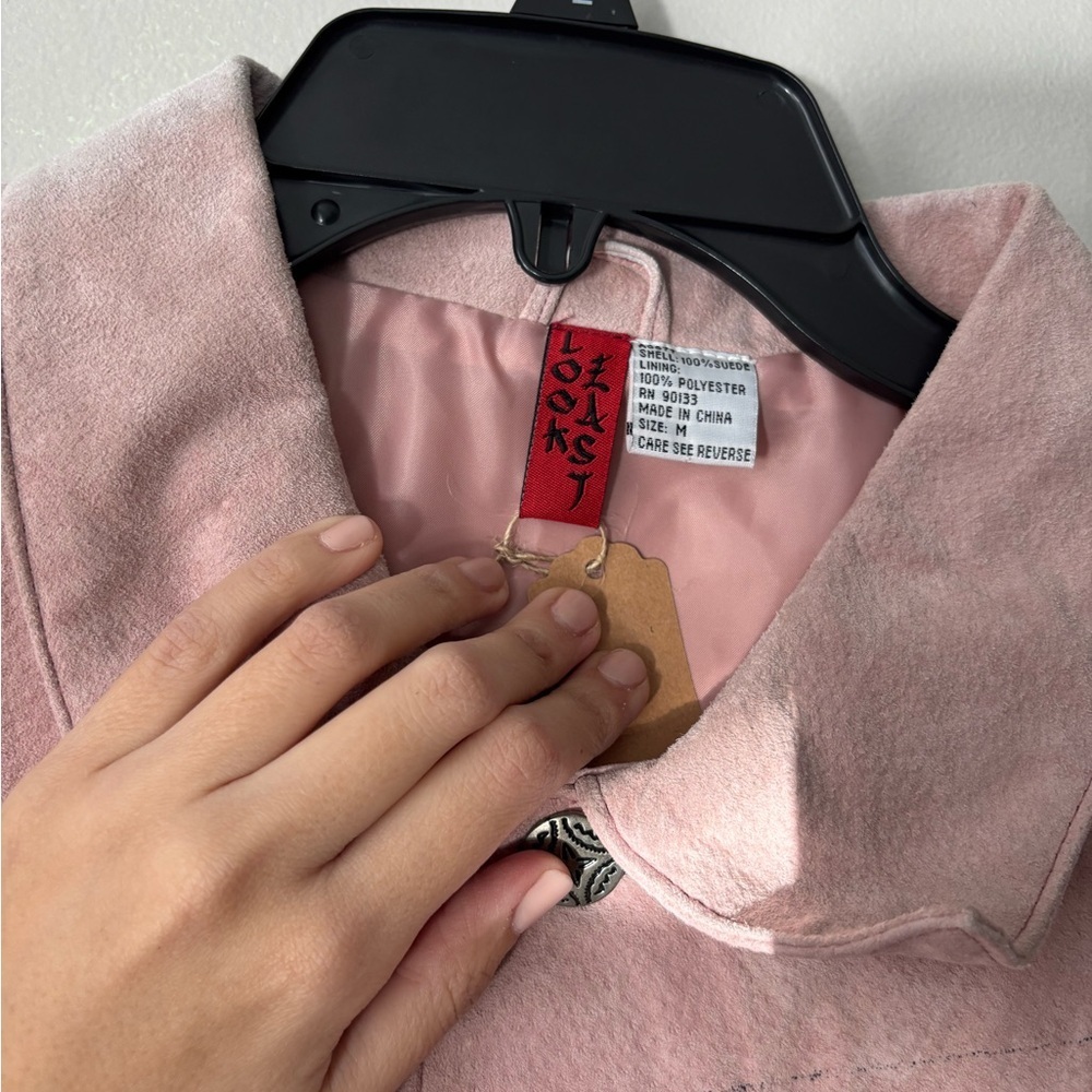 Vintage Ethereal Pastel Pink Painted Geisha Retro Indie Midi Suede Jacket Large - Picture 12 of 14